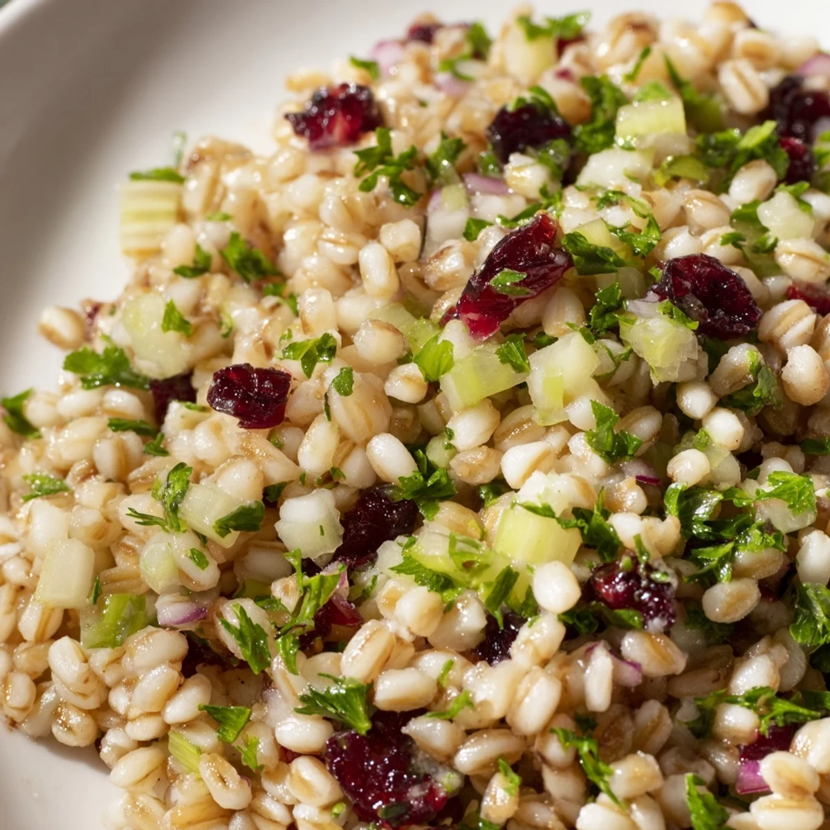 Spoonful of warm Cranberry Barley salad featuring dried cranberries, herbs, and a bright lemon-olive oil dressing.