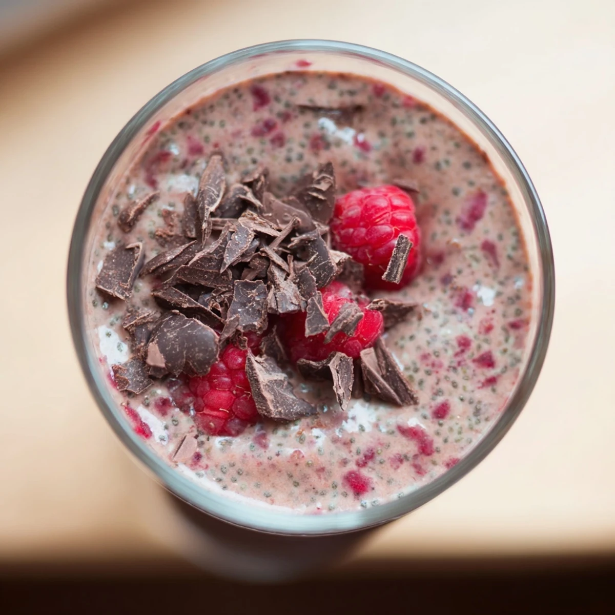 Evergreen Cocoa Berry smoothie poured into a tall glass, topped with fresh berries and shaved dark chocolate.