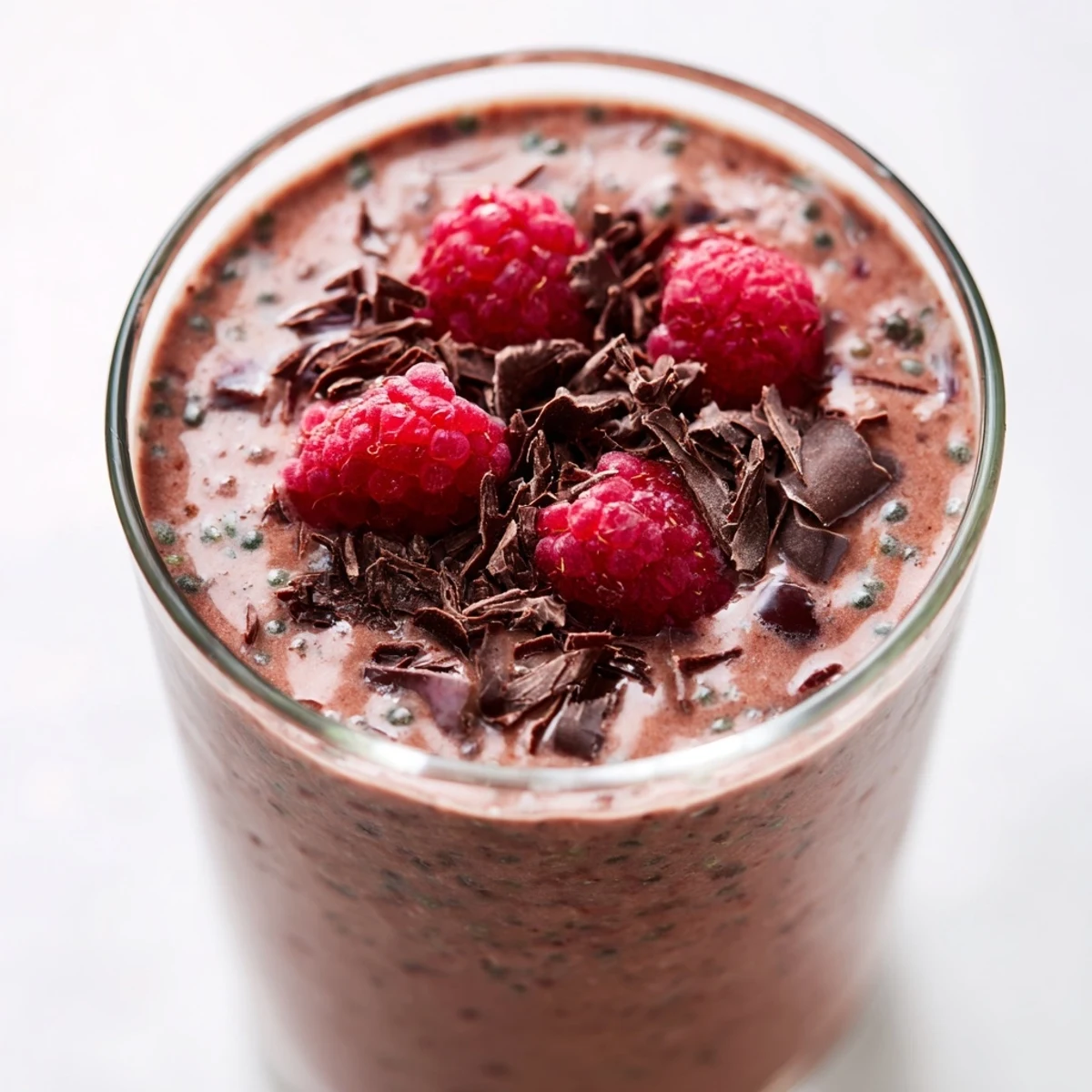 A close-up of the creamy Evergreen Cocoa Berry smoothie, blending cocoa powder and baby spinach with frozen berries.
