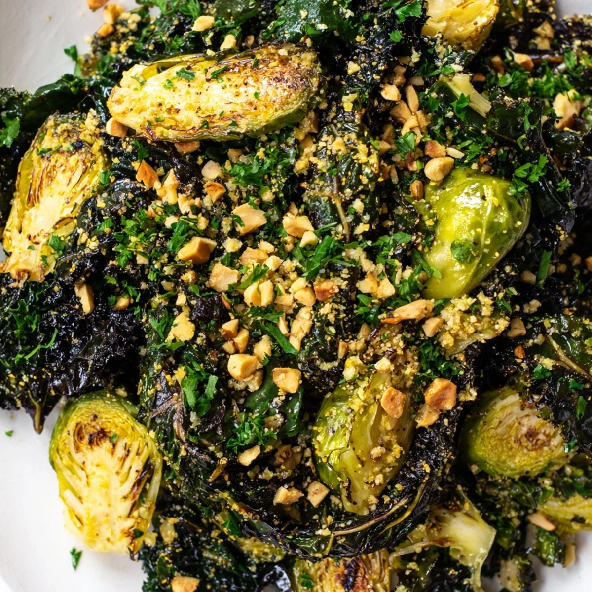 Charred Winter Greens with kale and Brussels sprouts, tossed in lemon dressing and topped with crunchy toasted hazelnuts.