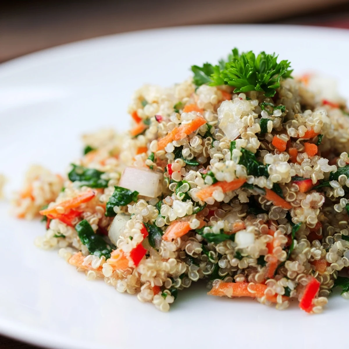 A bowl of Savory Quinoa served alongside grilled chicken, showcasing fluffy grains and vibrant sautéed vegetables.