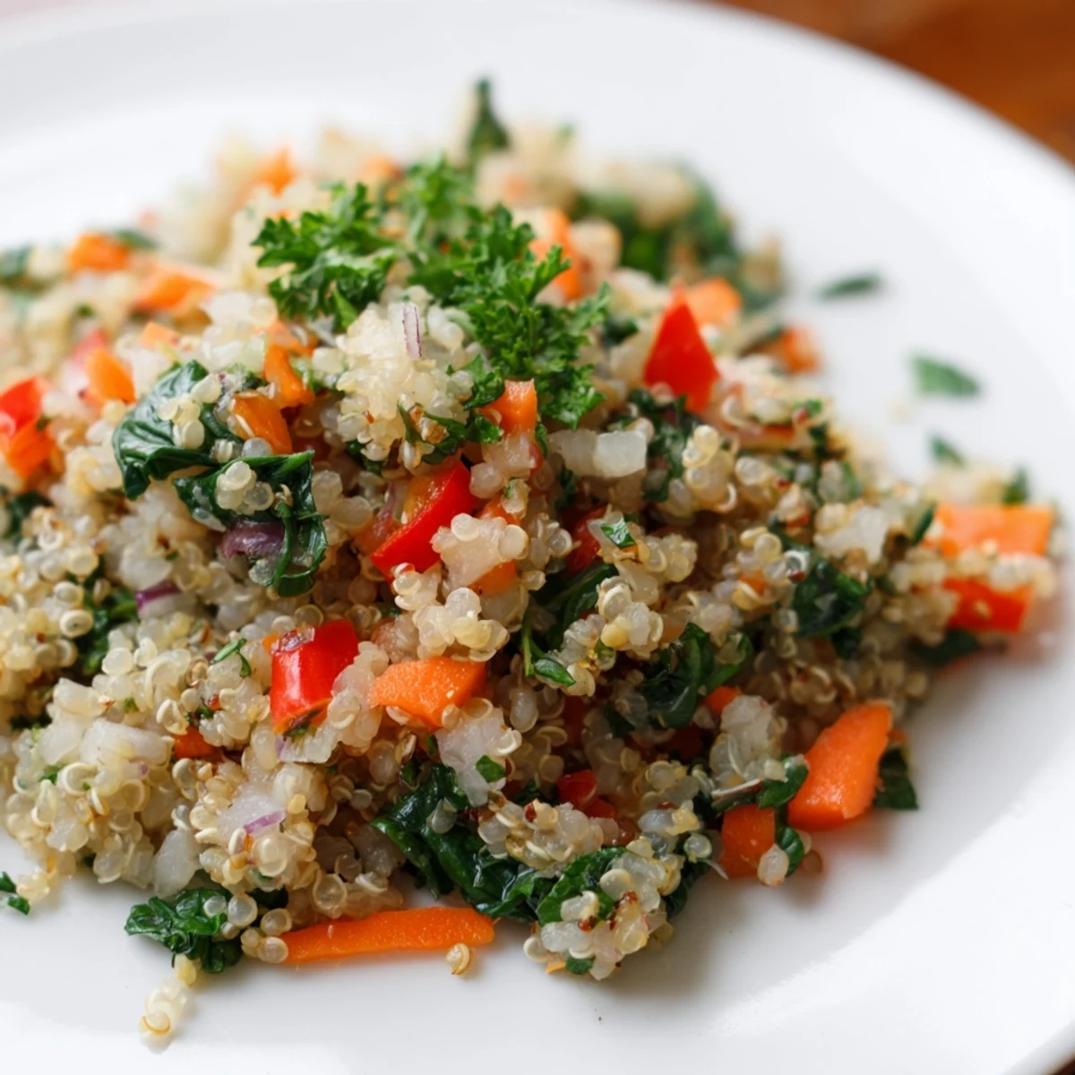Freshly cooked Savory Quinoa in a white bowl, featuring minced garlic, diced carrots, and a sprinkle of parsley.