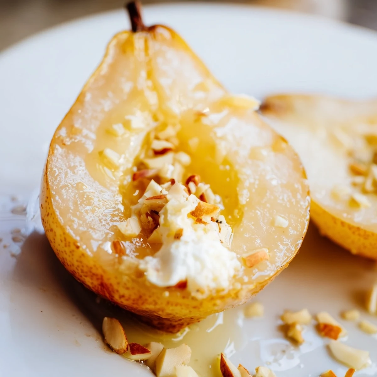 Warm Ginger Poached Pears topped with vanilla ice cream and toasted pistachios, drizzled with spiced syrup.