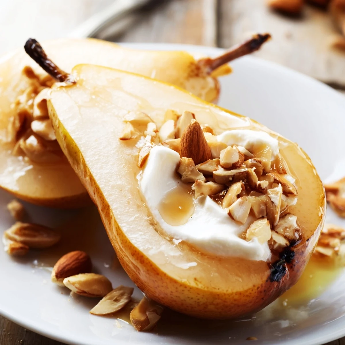Tender pears poached with fresh ginger and cinnamon, plated with warm syrup and chopped toasted almonds.