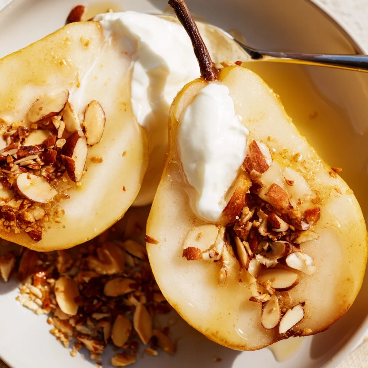 Whole ginger-poached pear halves glistening with honey glaze, served warm with a creamy dollop of Greek yogurt.