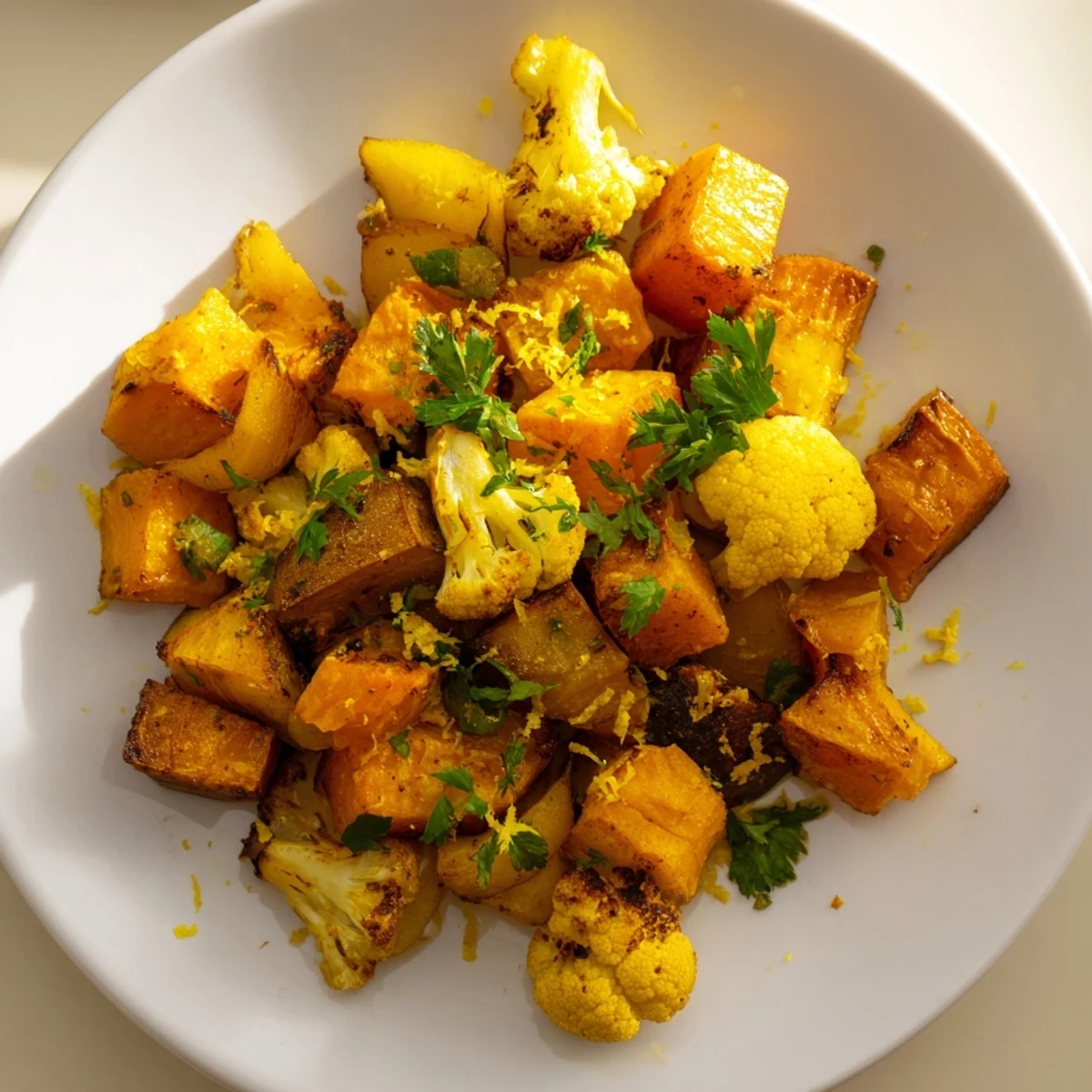 Golden-brown Hearth Golden Veg medley roasted with carrots and squash, served warm on a platter.