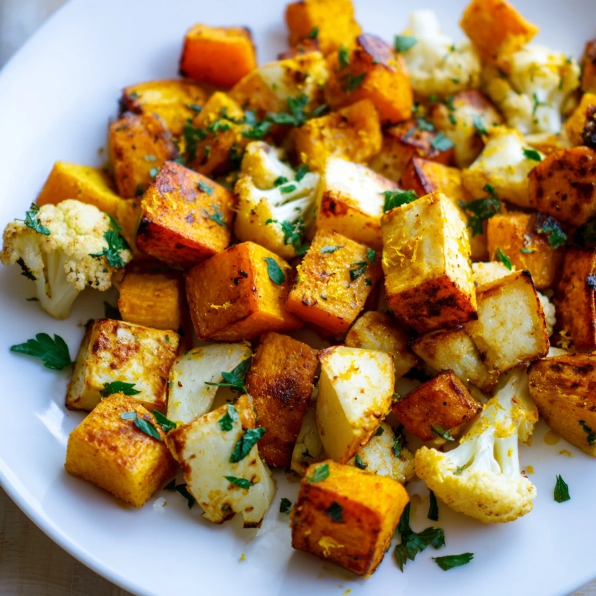 Roasted Hearth Golden Veg with smoky paprika and herbs, garnished with fresh parsley and lemon zest.