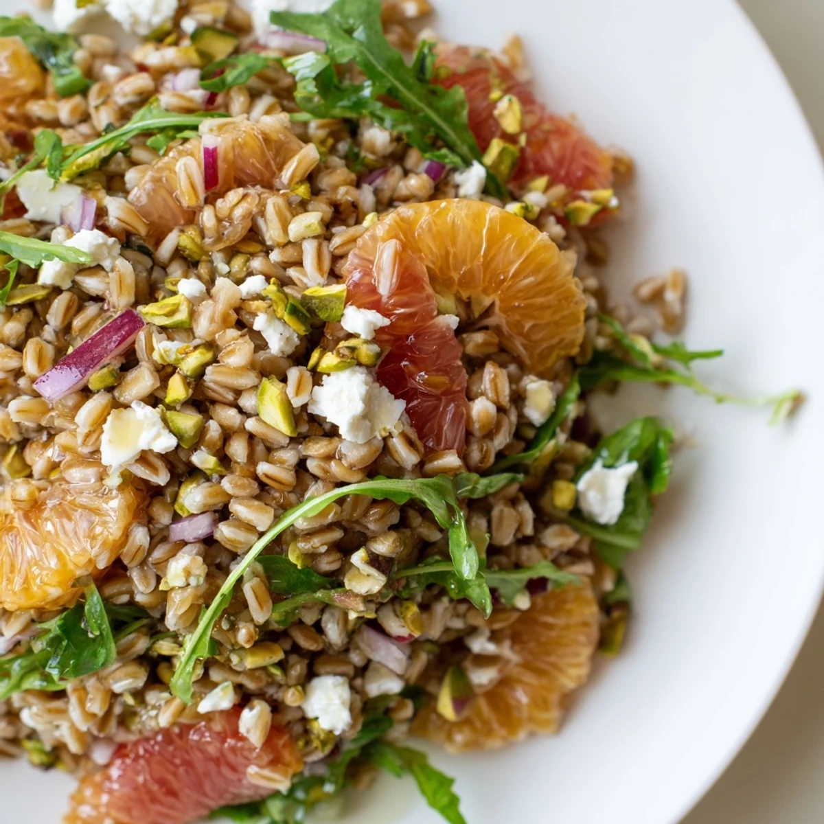 Sunlit bowl of Citrus Farro grain salad topped with toasted pistachios, showing its chewy texture and zesty vinaigrette dressing.
