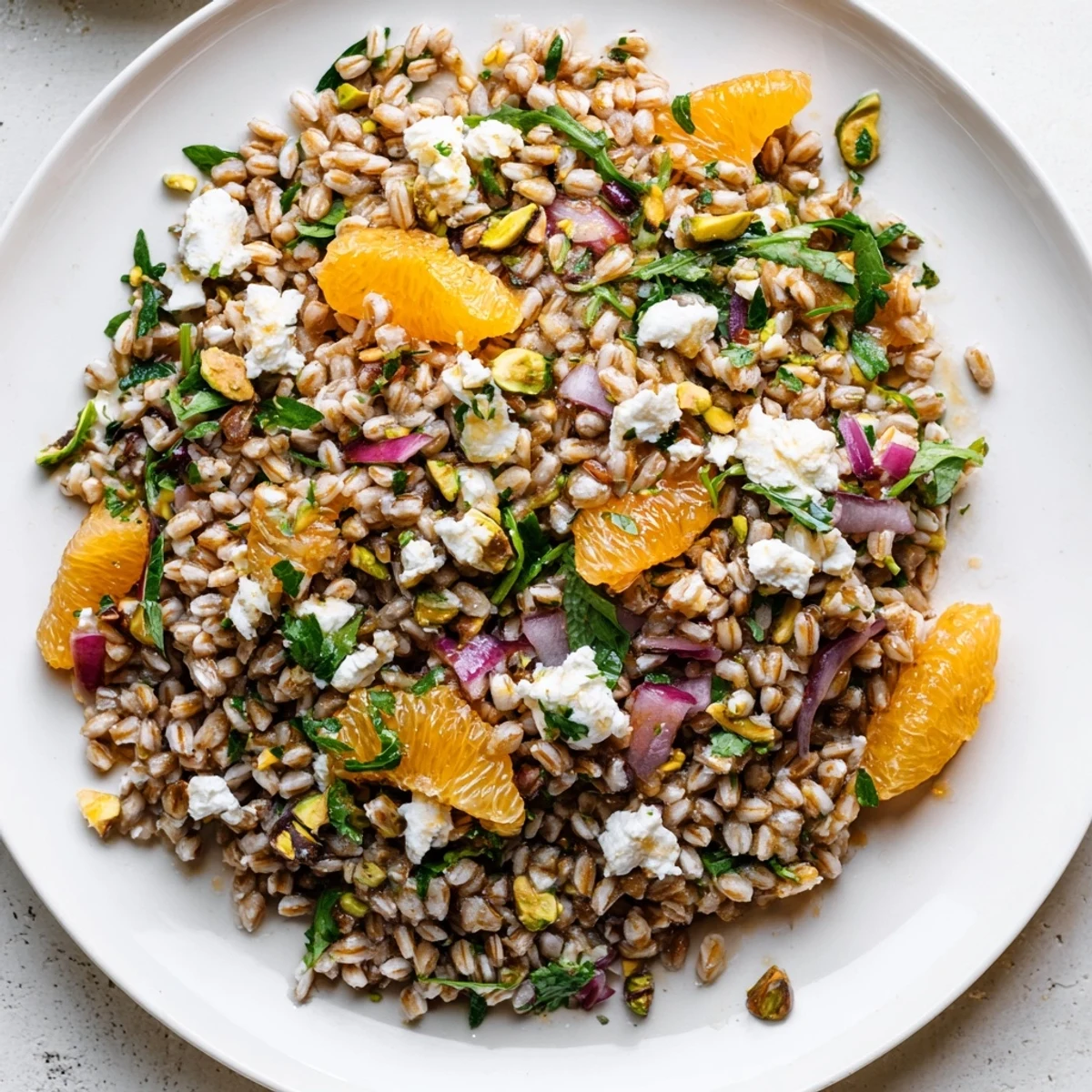Colorful Citrus Farro served as a Mediterranean side dish with a drizzled lemon dressing and fresh parsley garnish.