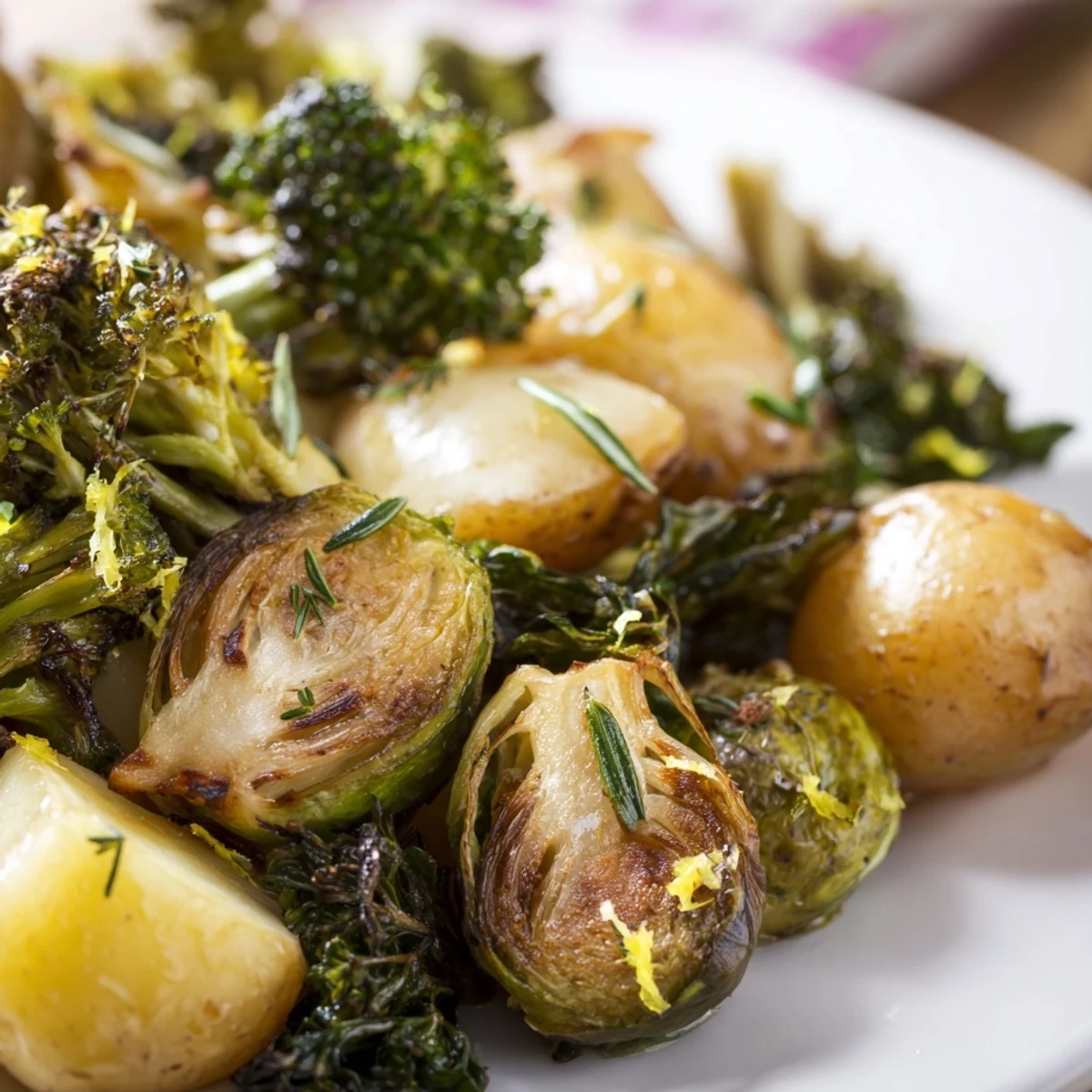 Roasted Evergreen Mix features golden Brussels sprouts and broccoli roasted with garlic and rosemary on a sheet pan.
