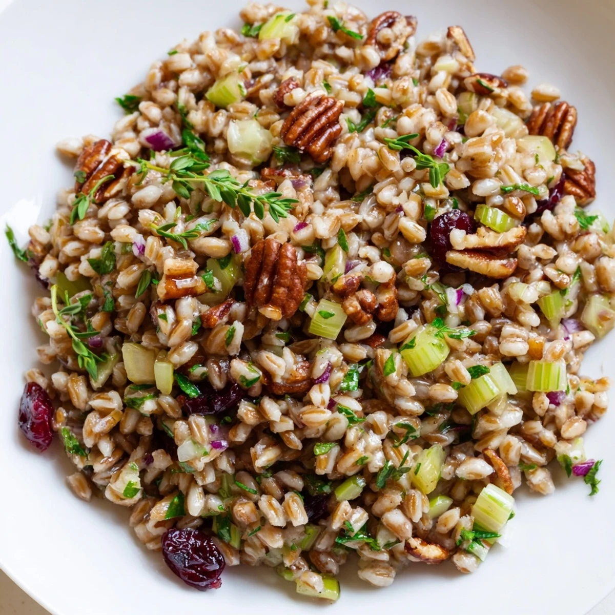 Warm Cranberry Savory Grain with farro, toasted pecans, and fresh parsley served in a rustic white bowl.
