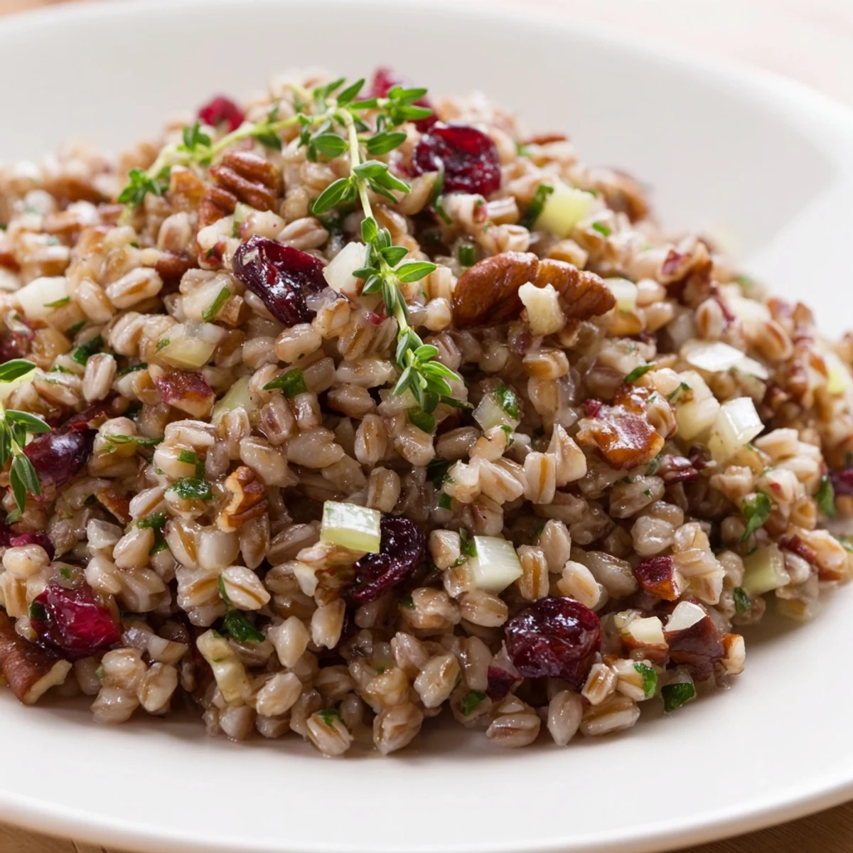 Close-up of the vegetarian Cranberry Savory Grain with celery and red onion, perfect for holiday meals.