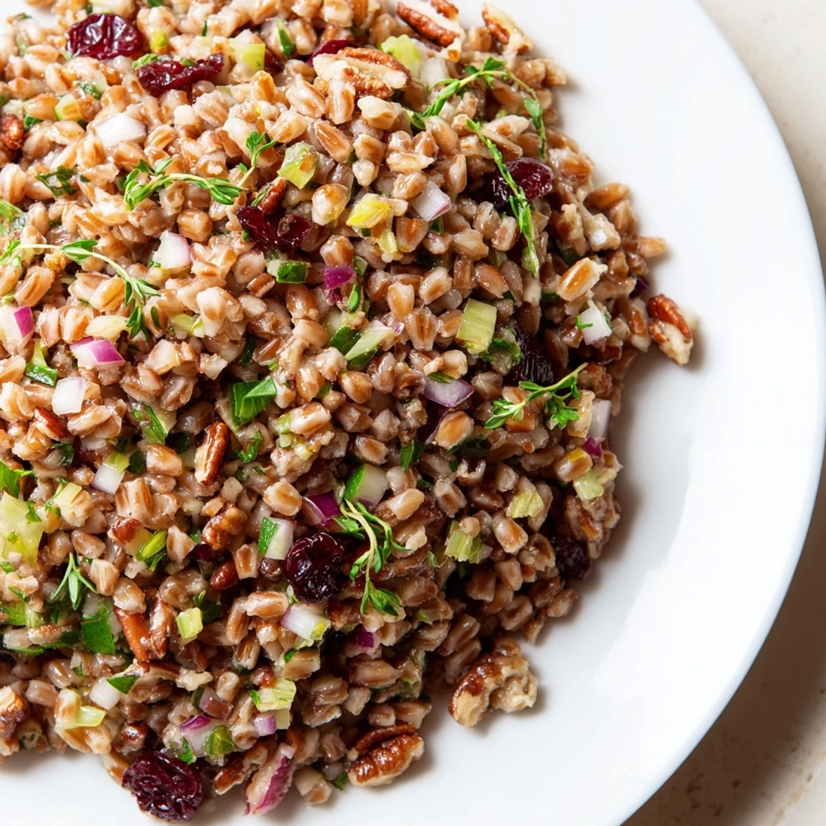 A fork rests beside the vibrant side dish, highlighting the chewy grains and tart dried cranberries.