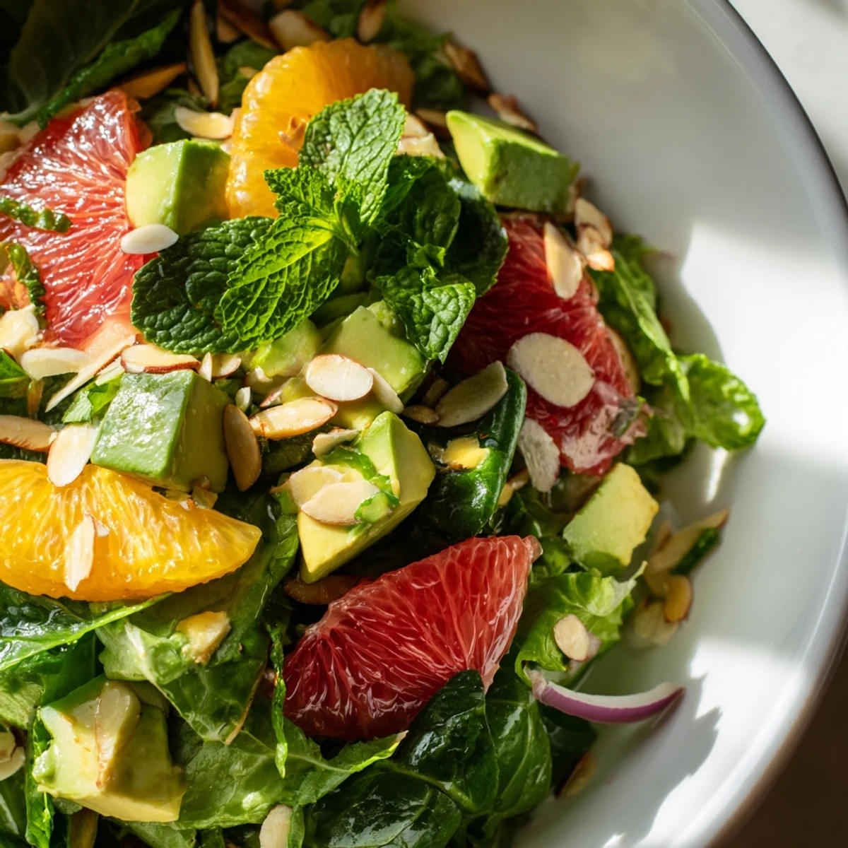 Evergreen Citrus Greens salad with crisp spinach, arugula, and bright orange and grapefruit segments.