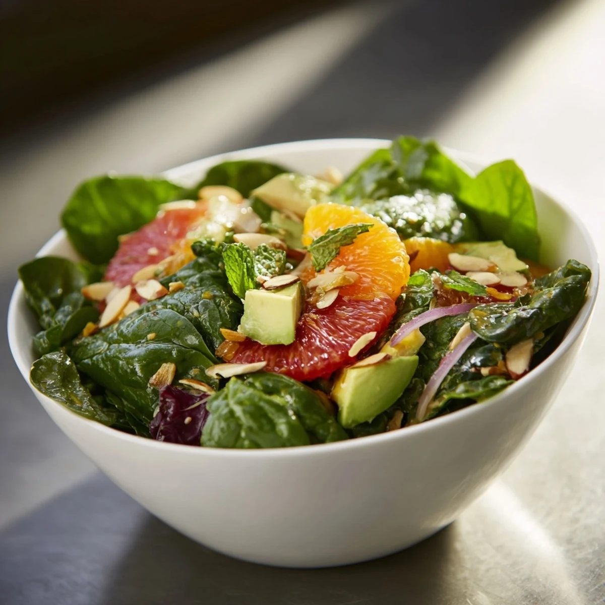 Serving Evergreen Citrus Greens salad with toasted almonds, a drizzle of tangy citrus vinaigrette, and fresh greens.