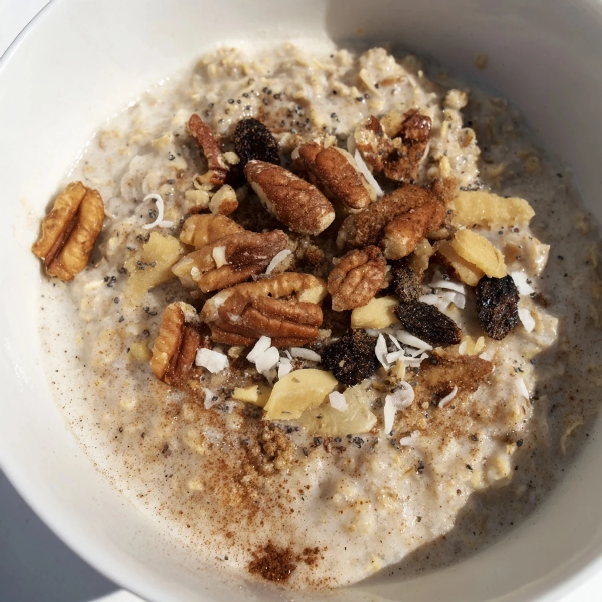 Creamy Toasty Chai Oat breakfast topped with toasted pecans and golden raisins in a cozy bowl.