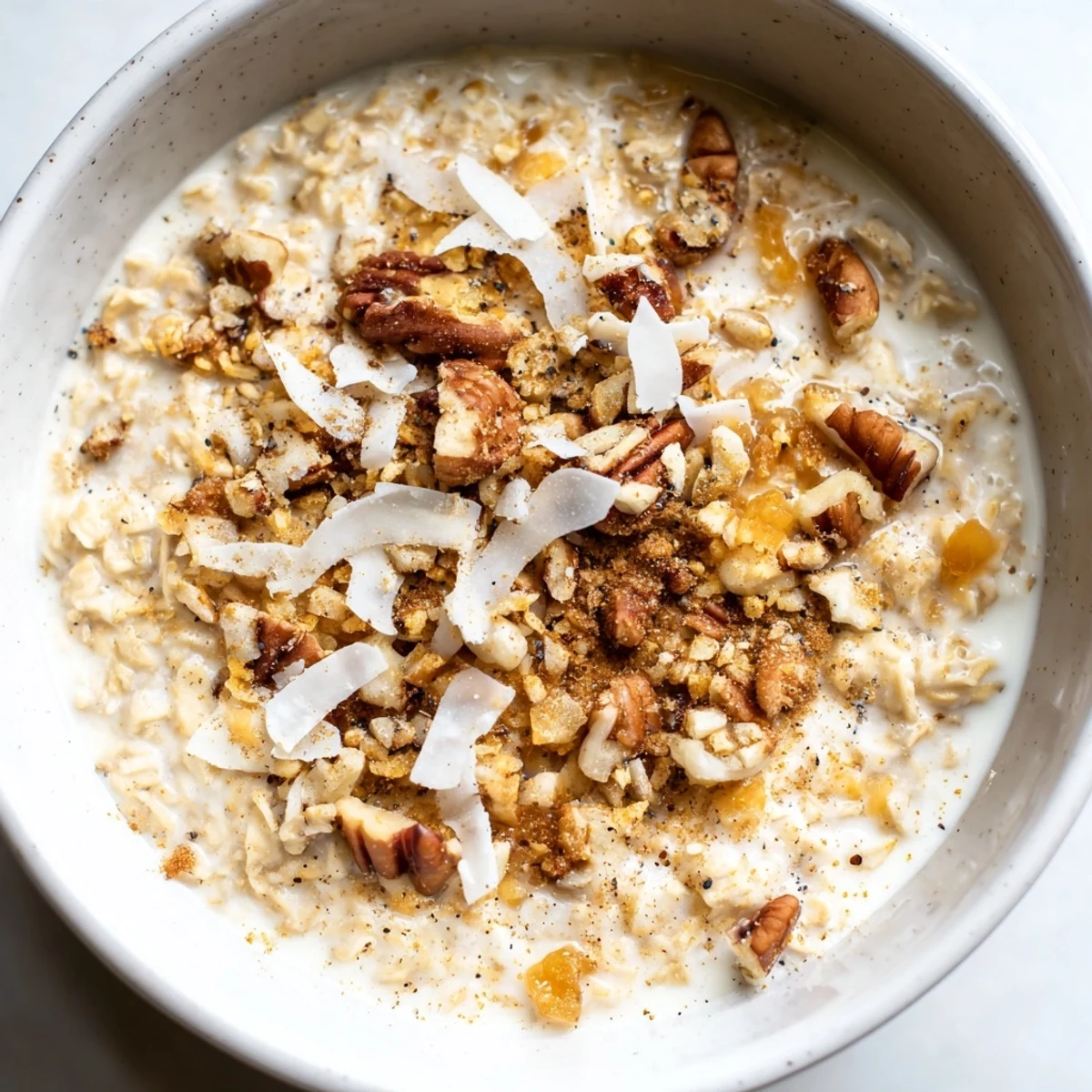 Warm serving of Toasty Chai Oat featuring nutty pecans and coconut flakes, ideal for fall mornings.