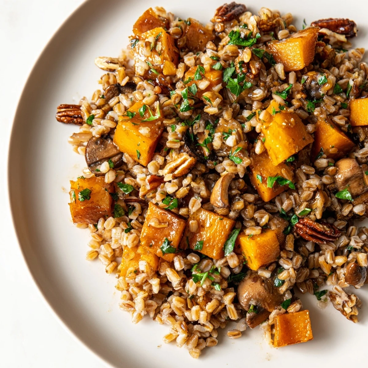 A close-up of Maple Savory Grain topped with toasted pecans and fresh parsley on a wooden table