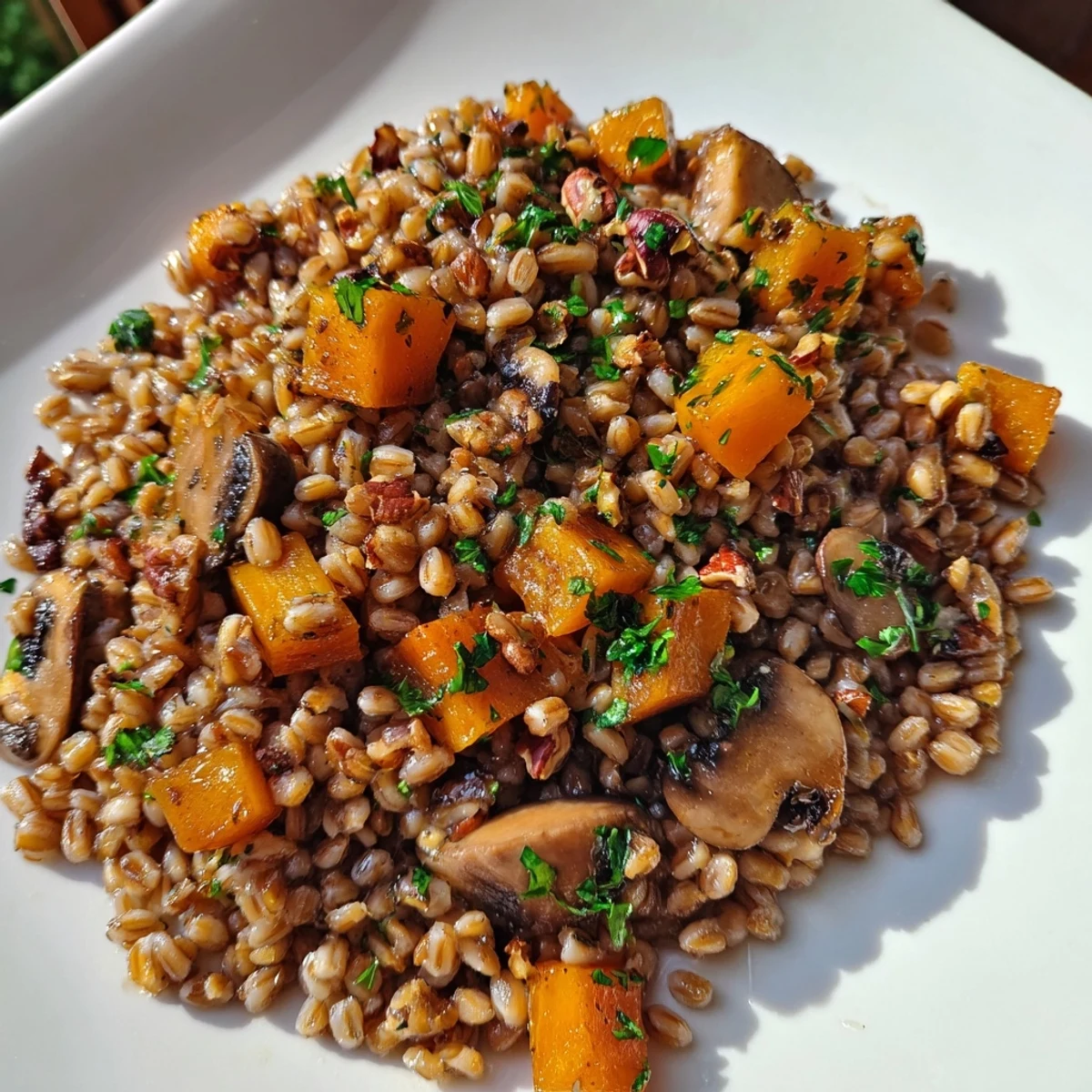 Maple Savory Grain with roasted butternut squash and mushrooms in a rustic ceramic bowl