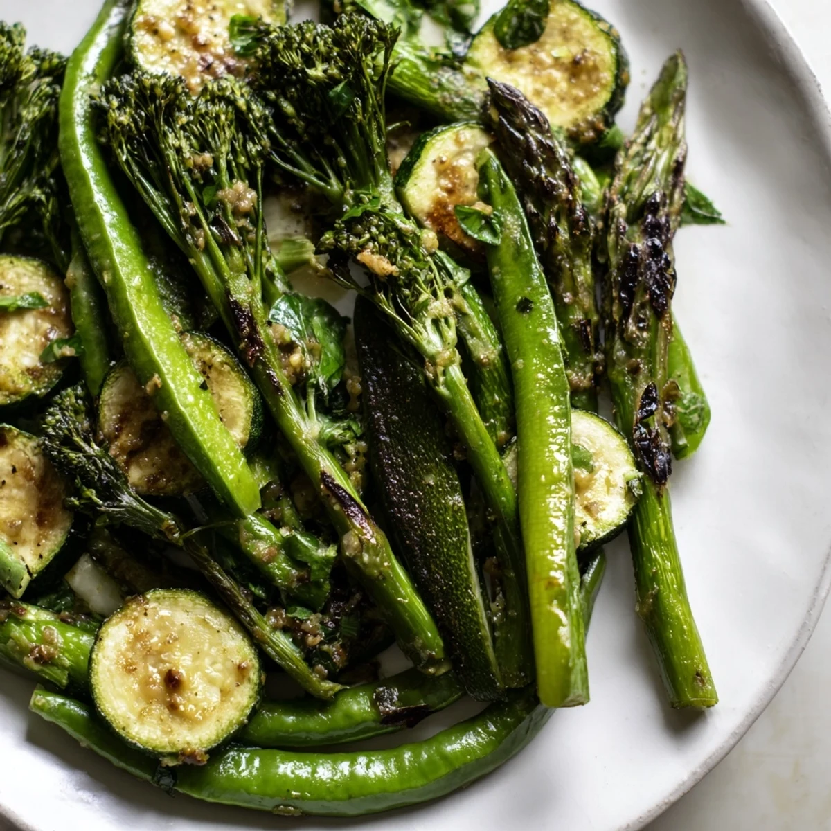 Charred Evergreen Charred Veg served warm on a rustic platter with fresh parsley and lemon wedges