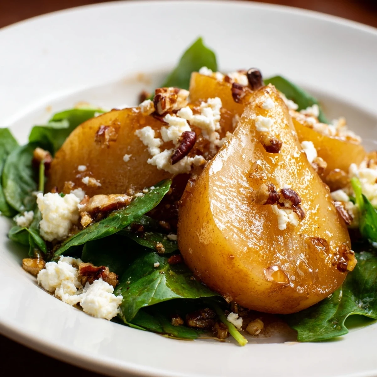 Golden caramelized pears on a bed of mixed greens in the Toasty Pear Greens salad.