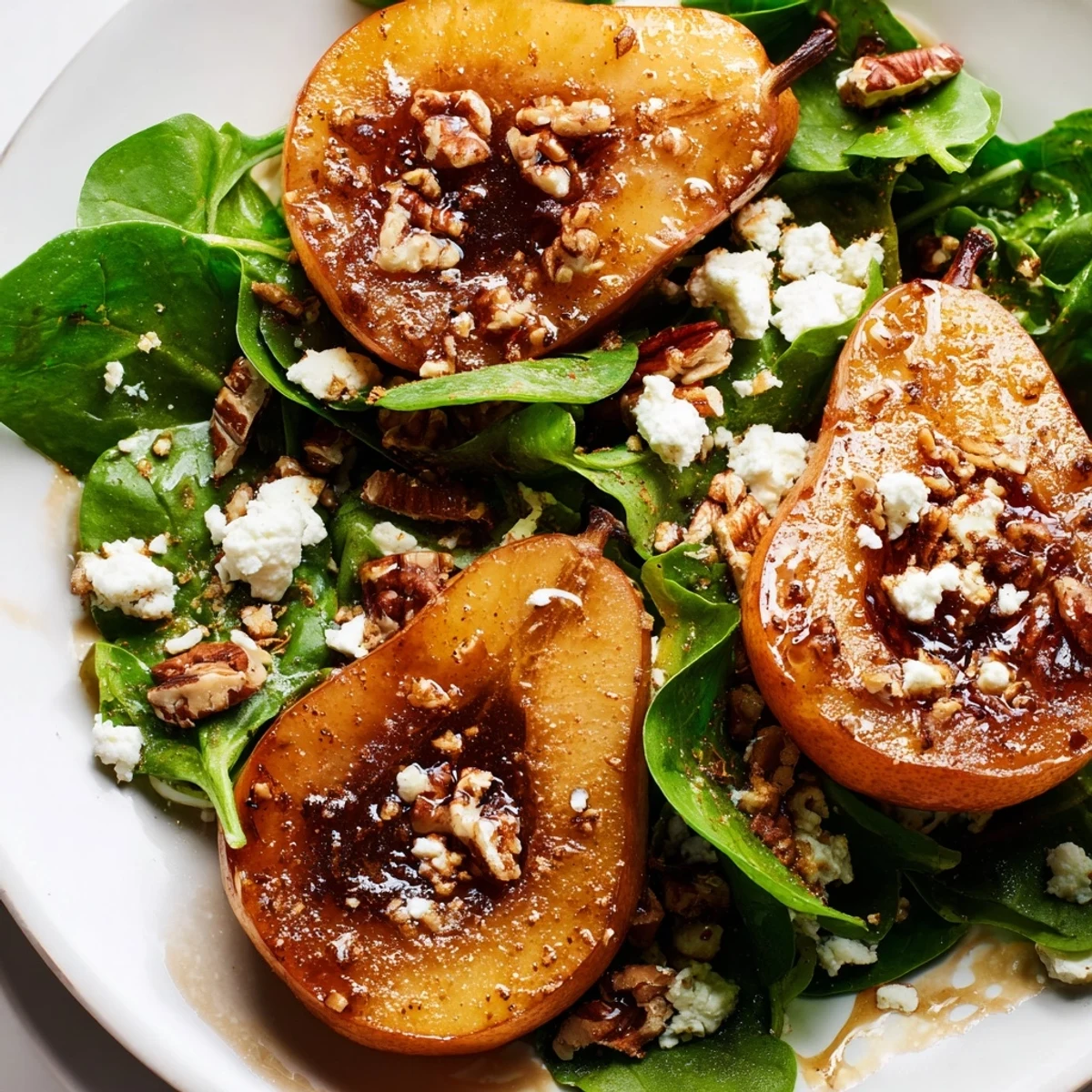 A plated Toasty Pear Greens salad topped with balsamic vinaigrette and red onion.