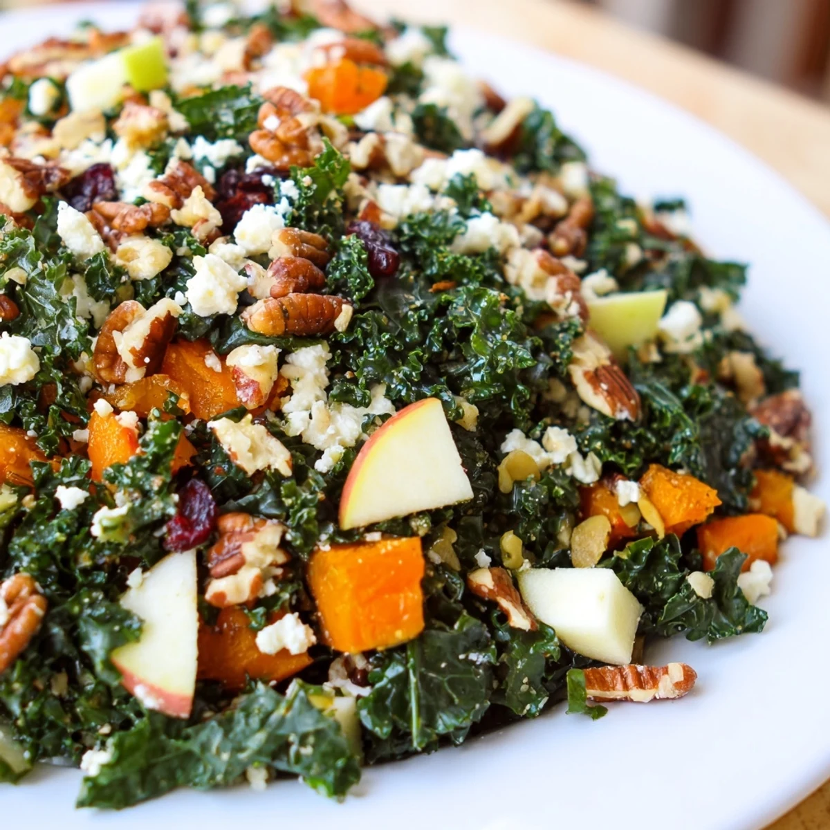 Massaged kale leaves glisten with zesty maple vinaigrette in this wholesome Harvest Kale Salad, ready for a nourishing fall dinner.