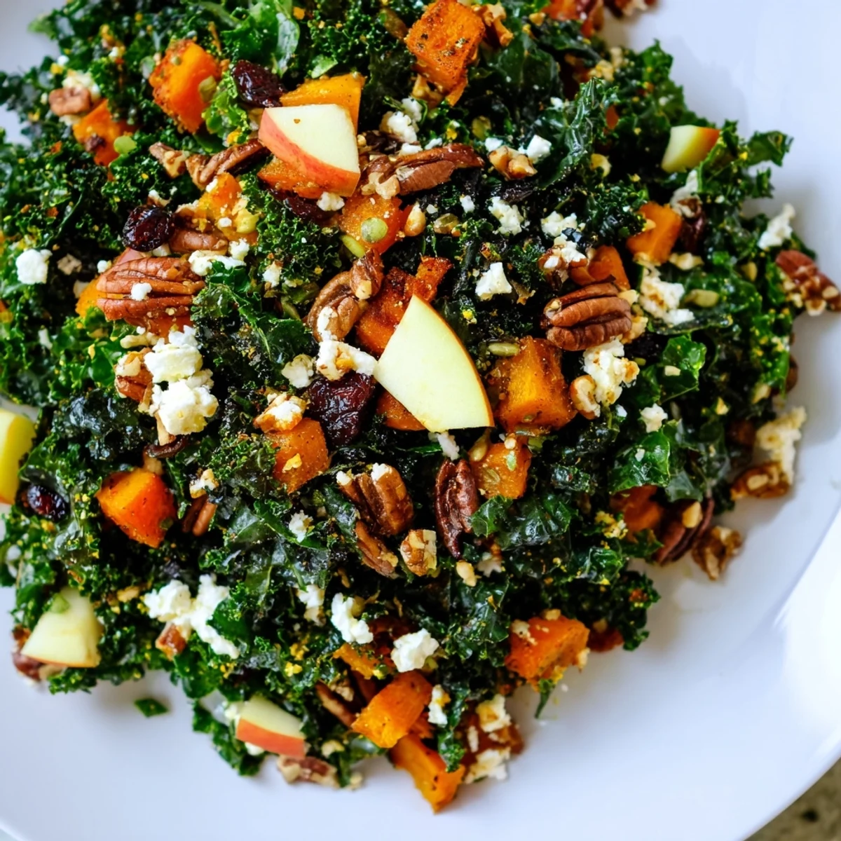 Colorful diced apples and crumbled feta are tossed into this vibrant Harvest Kale Salad for a sweet and savory autumn bite. 