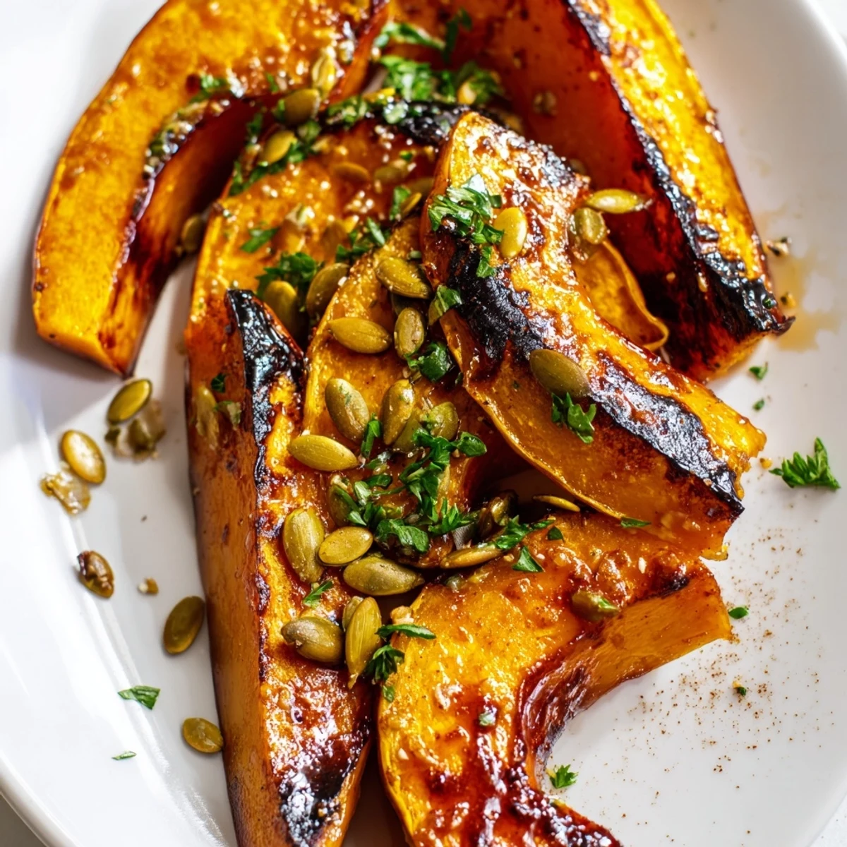 Golden-brown Charred Maple Squash wedges are roasted to perfection and topped with fresh parsley and crunchy pumpkin seeds.
