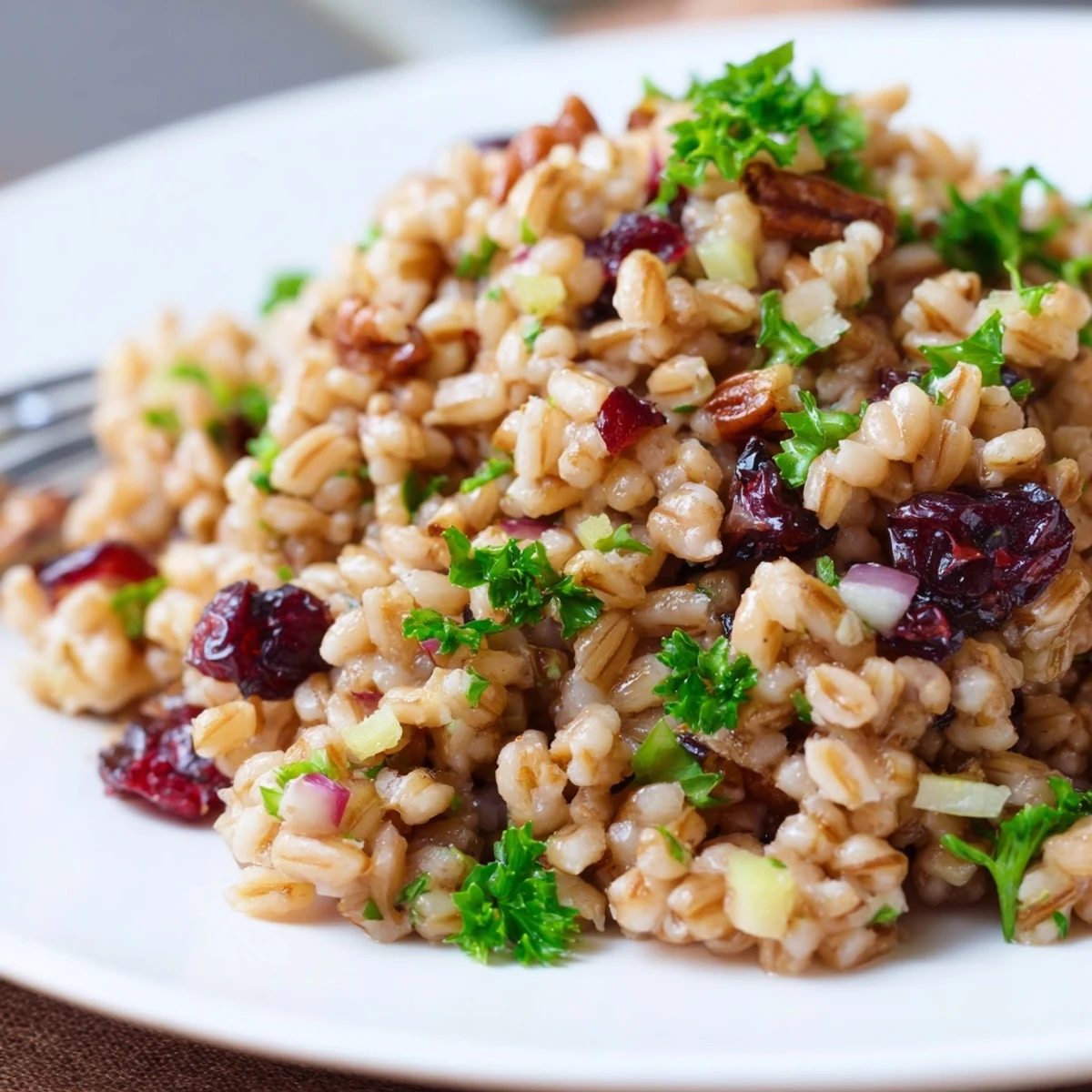 Hearty Cranberry Farro grain salad topped with crunchy nuts and fresh herbs, ready for a vegetarian dinner.