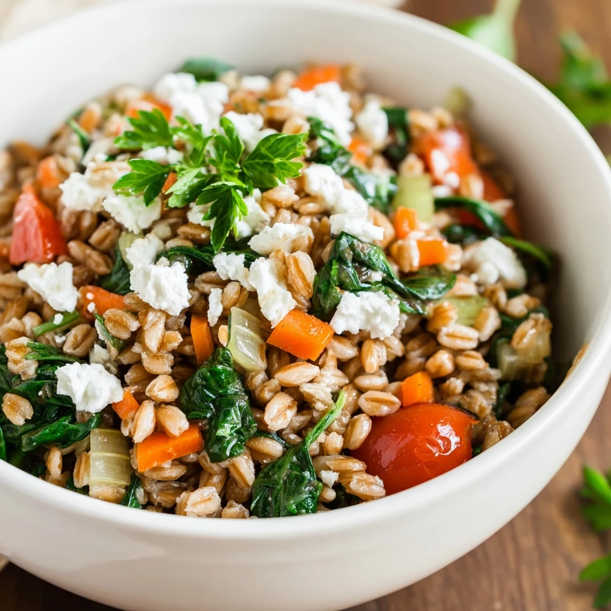 Steamed warm farro and sautéed vegetables are served in a rustic white bowl, garnished with fresh parsley and crumbled feta cheese.