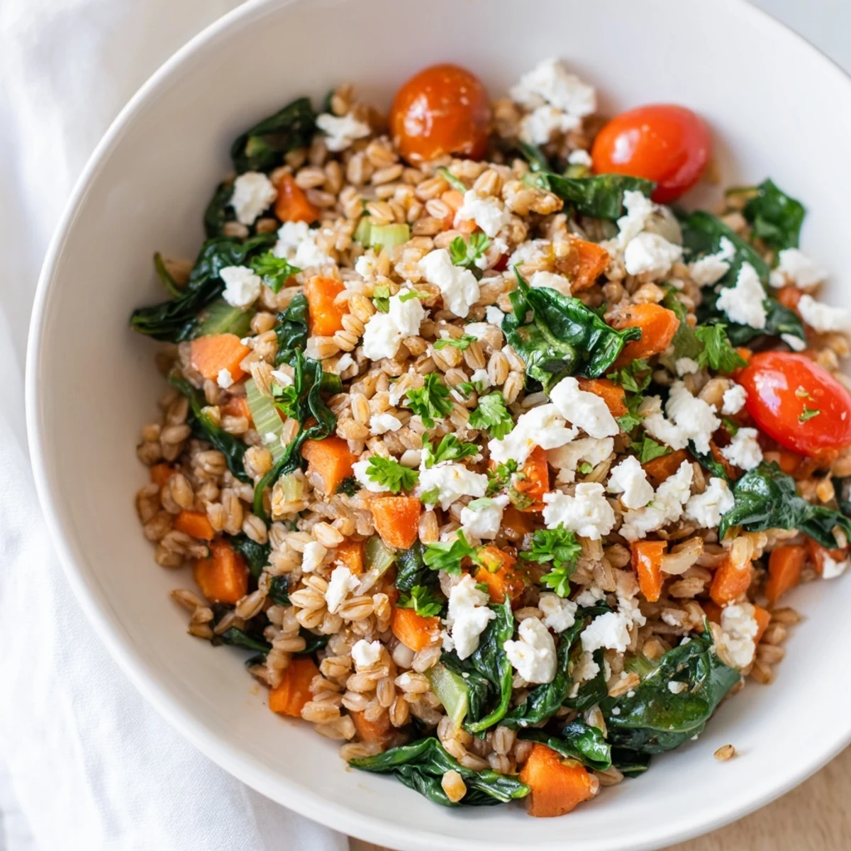 A close-up of warm farro tossed with cherry tomatoes, spinach, and herbs in a skillet, highlighting the chewy texture and vibrant colors.