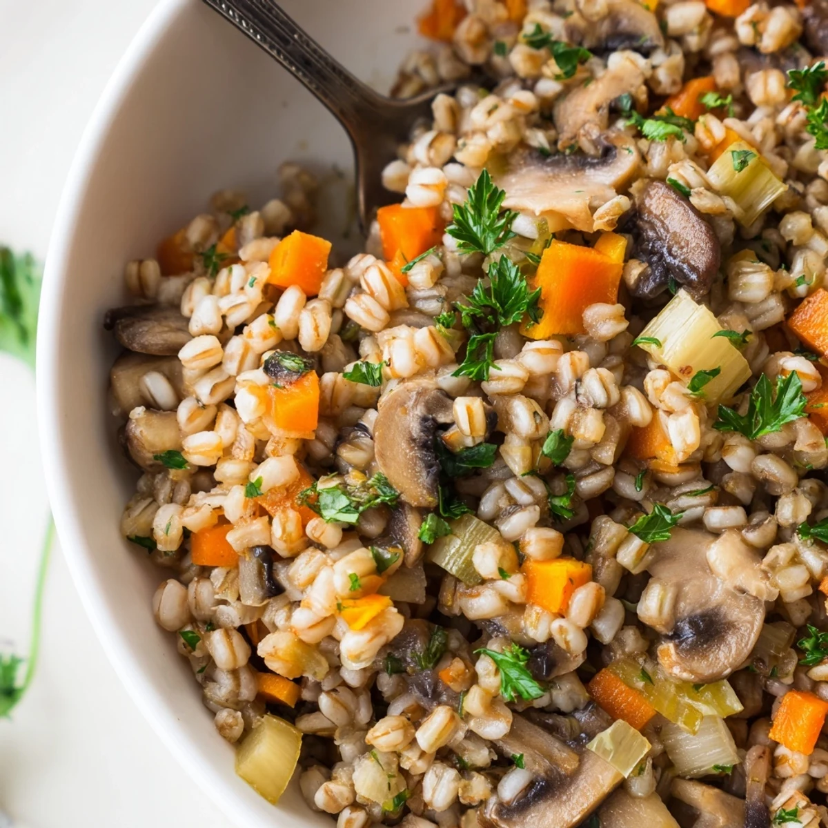 Steaming bowl of Hearth Barley, a rustic barley stew with tender vegetables and fresh parsley garnish.