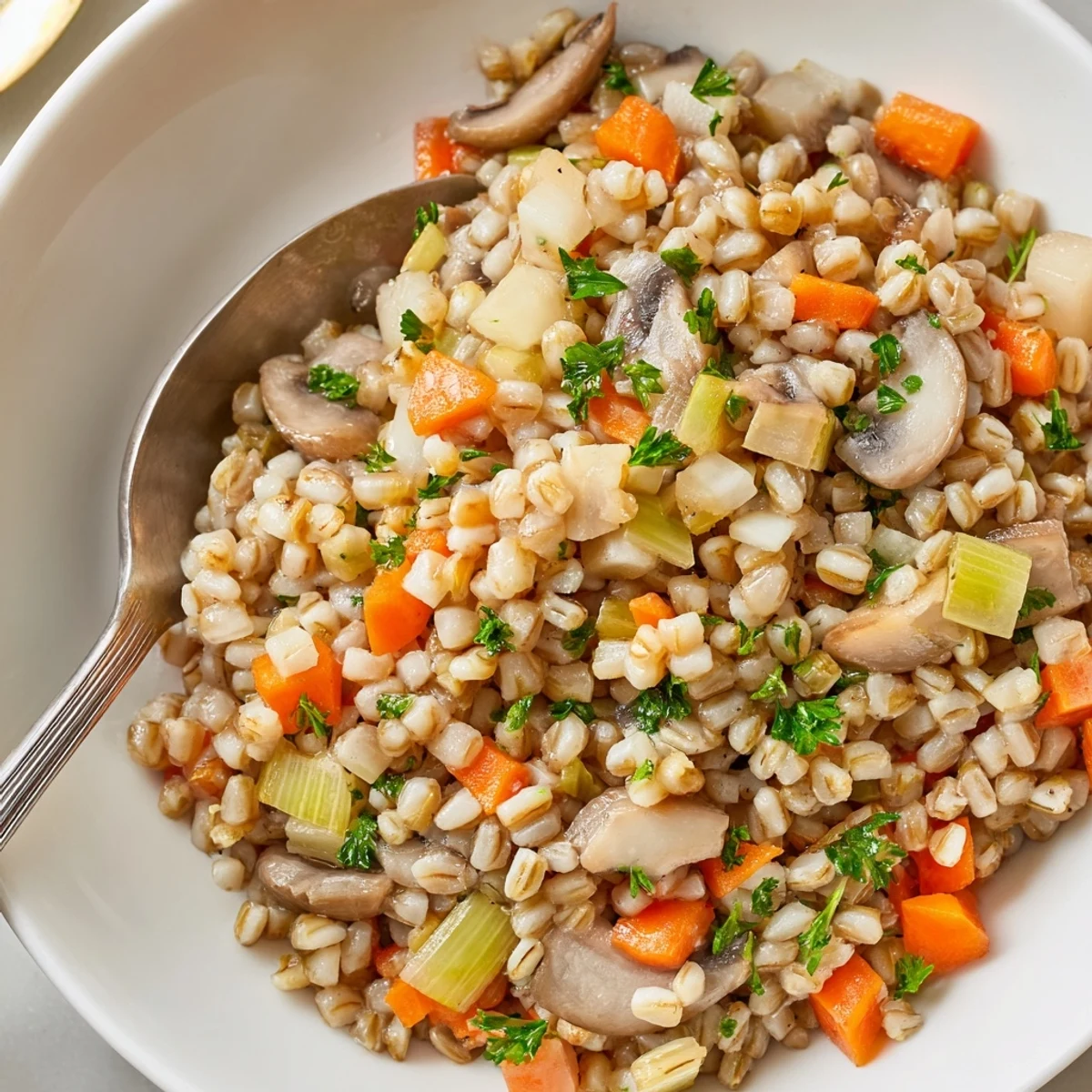 Hearty Hearth Barley served with crusty bread on a wooden table, perfect for a comforting vegetarian meal.