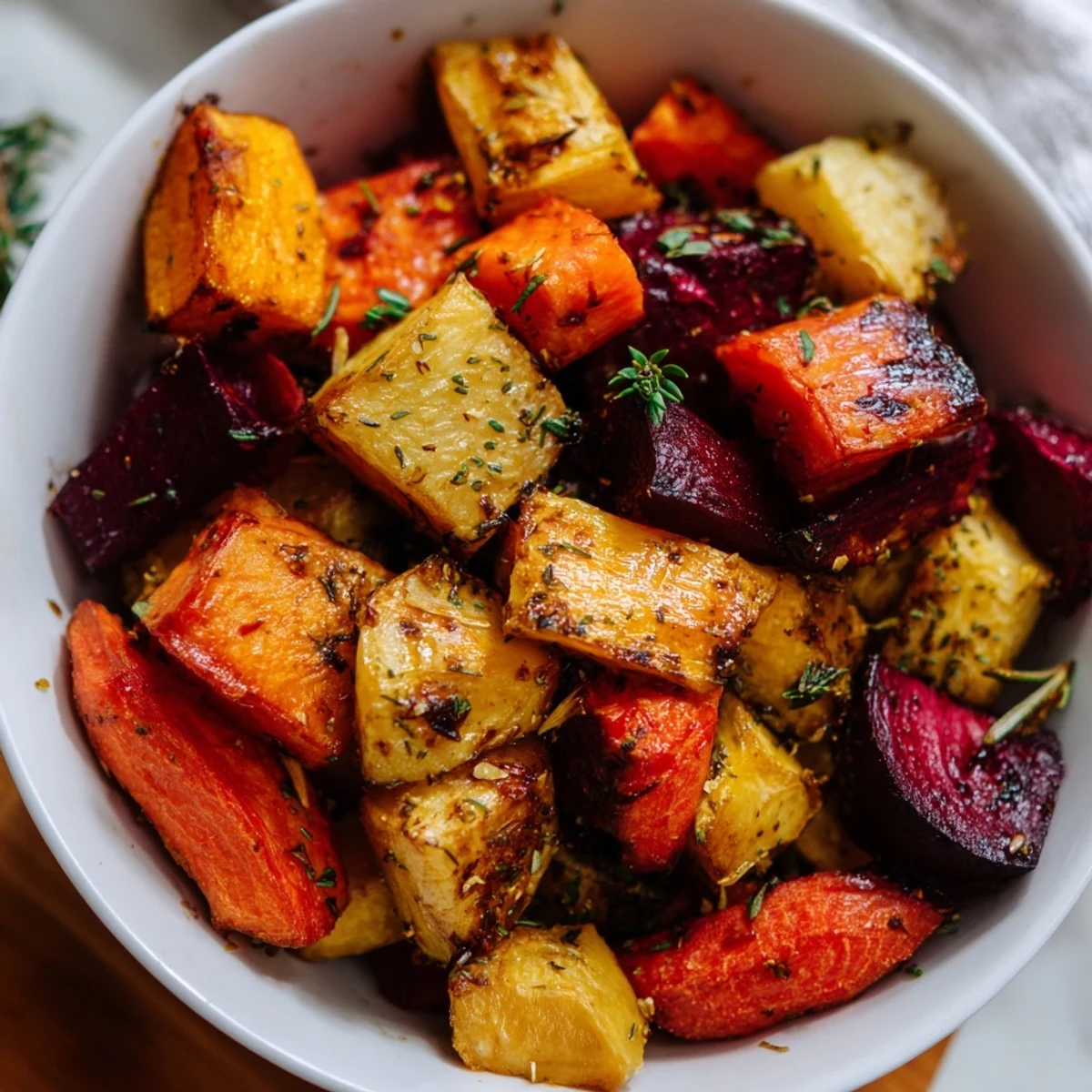 Golden brown Warm Roasted Roots with caramelized edges and fresh parsley garnish on a ceramic platter.