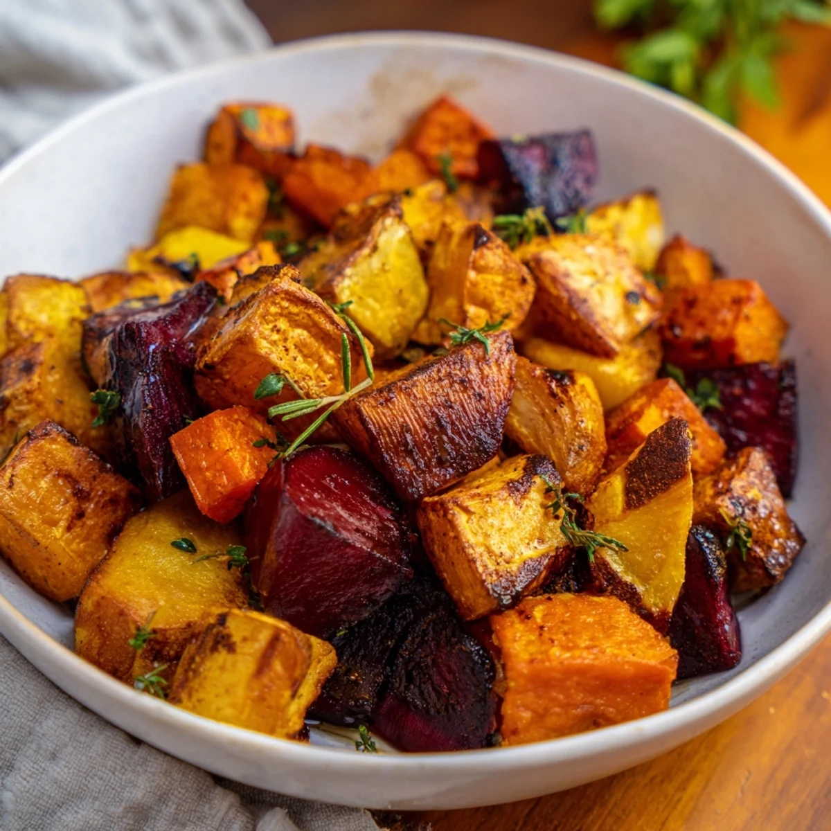 Warm Roasted Roots seasoned with thyme and rosemary, a colorful medley served alongside a Sunday roast chicken.