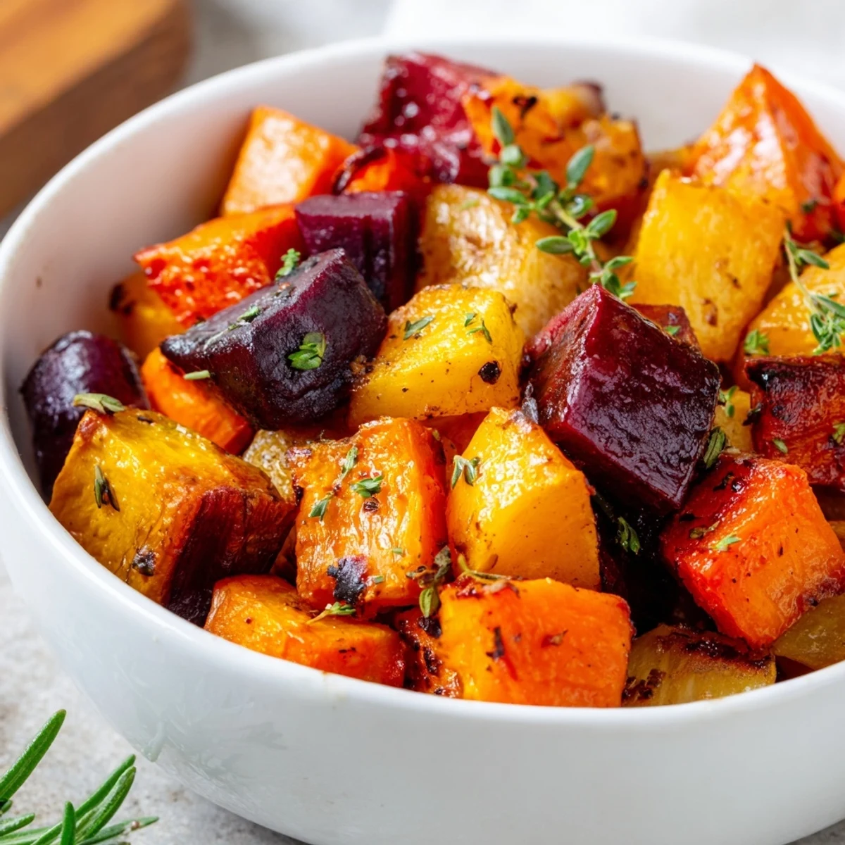 A close up of Warm Roasted Roots with vibrant carrots, parsnips, and beets glistening with balsamic glaze.