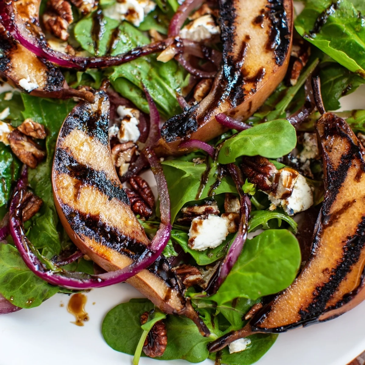Charred pear greens salad with glistening balsamic vinaigrette, topped with crumbled goat cheese and toasted walnuts.