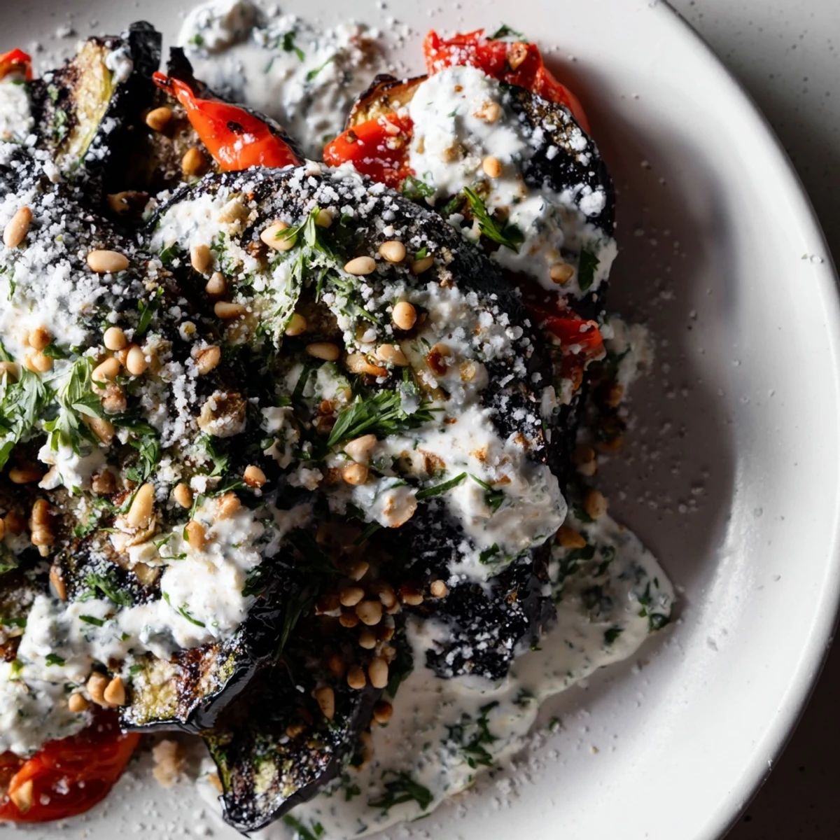 Freshly grilled charred vegetables topped with creamy snowy feta dressing and toasted pine nuts.