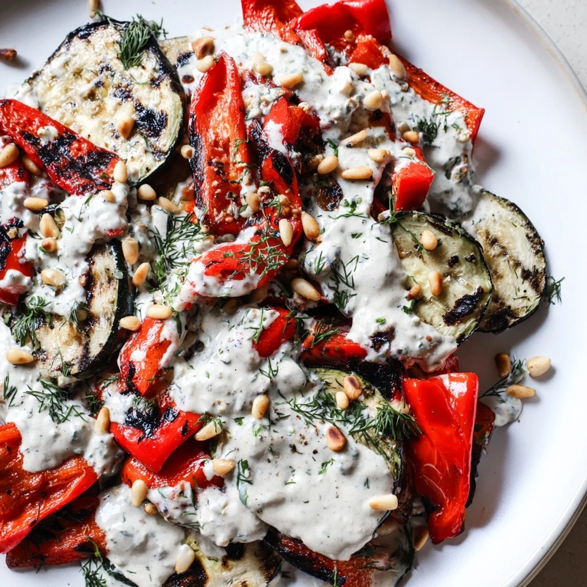 Charred seasonal vegetables drizzled with snowy feta yogurt sauce on a white platter.