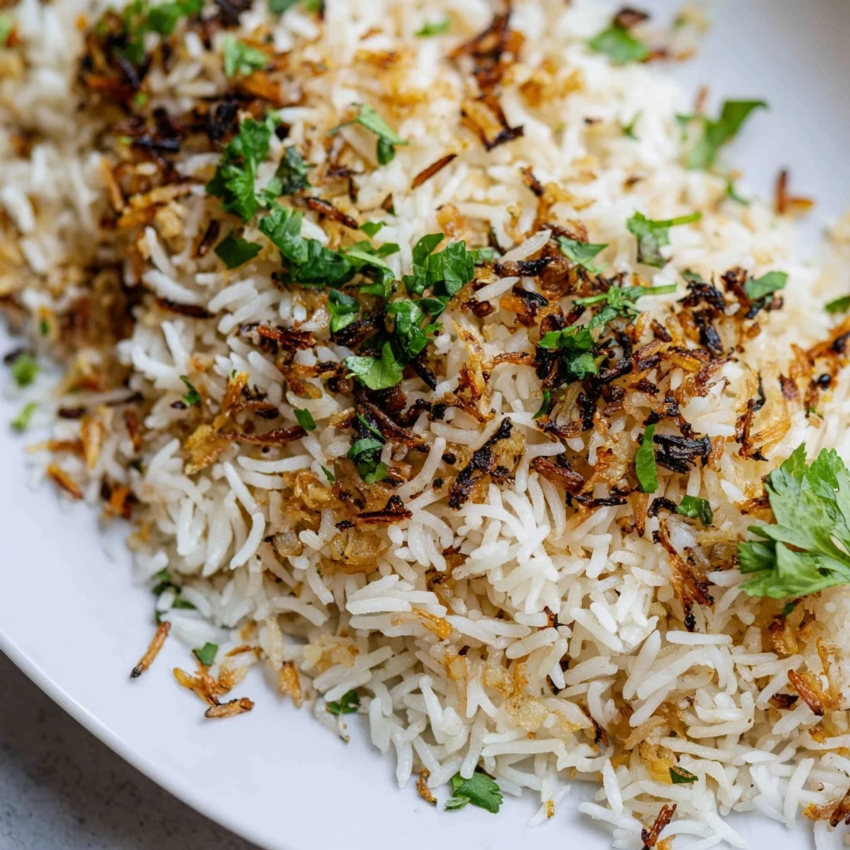Skillet of Charred Warm Rice showing a crispy golden crust, ready to be fluffed and served warm.