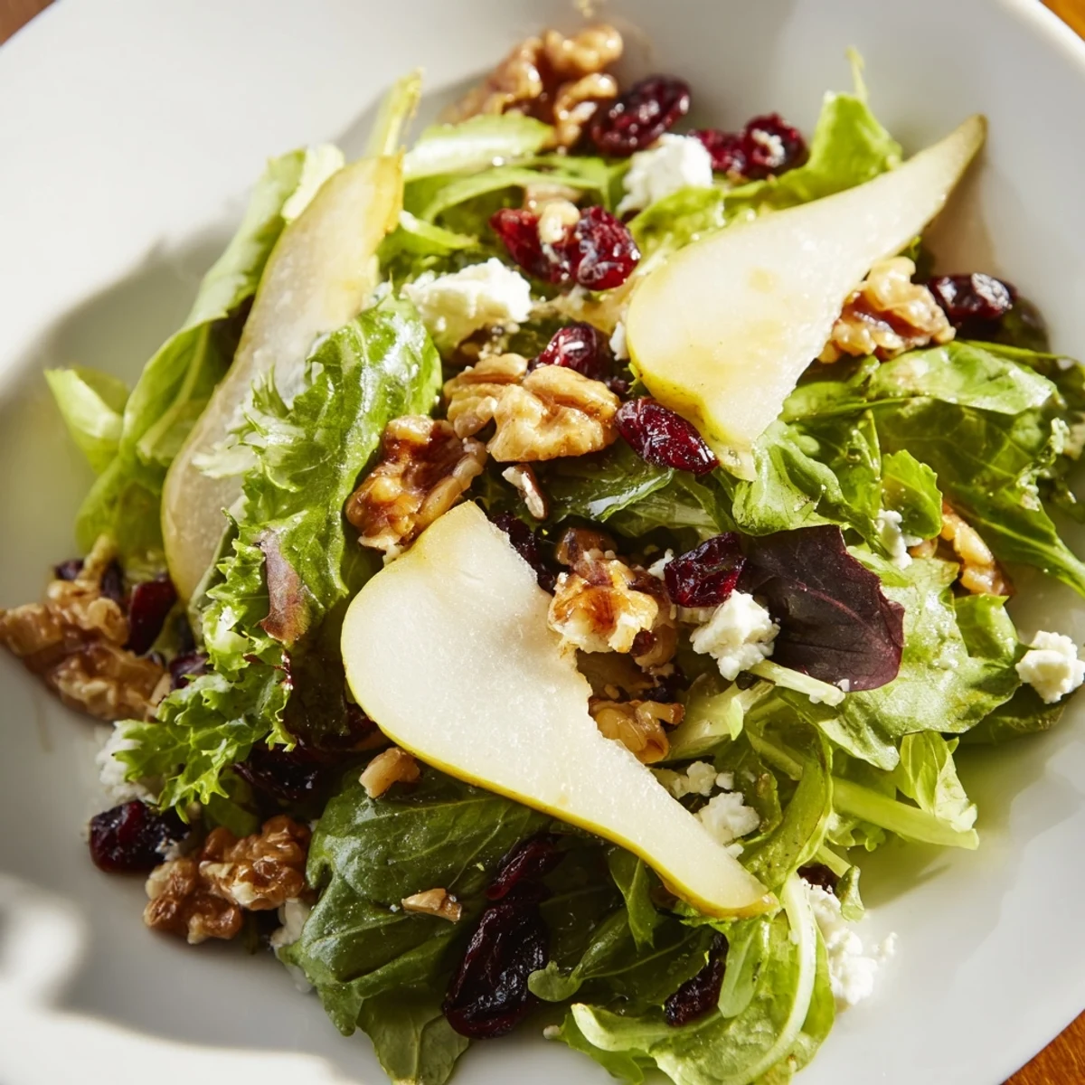 Freshly tossed Cranberry Pear Greens salad with crisp mixed greens, juicy pear slices, toasted walnuts, dried cranberries, and crumbled goat cheese.