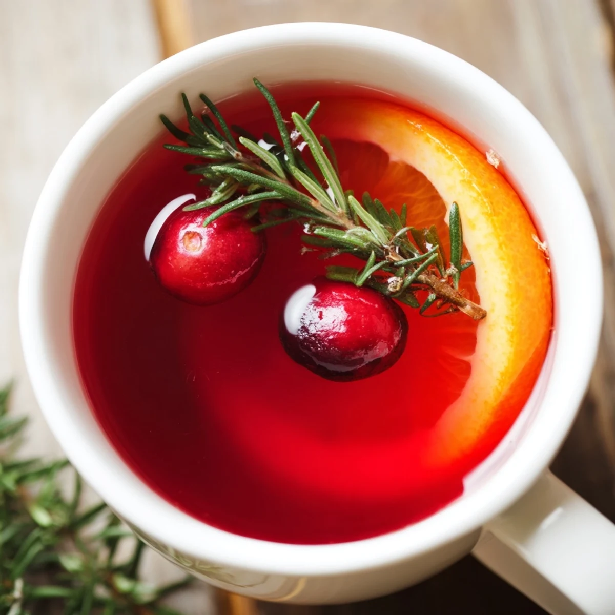 Steaming mugs of Cozy Cranberry Herb tea glow beside fresh cranberries and rosemary sprigs.