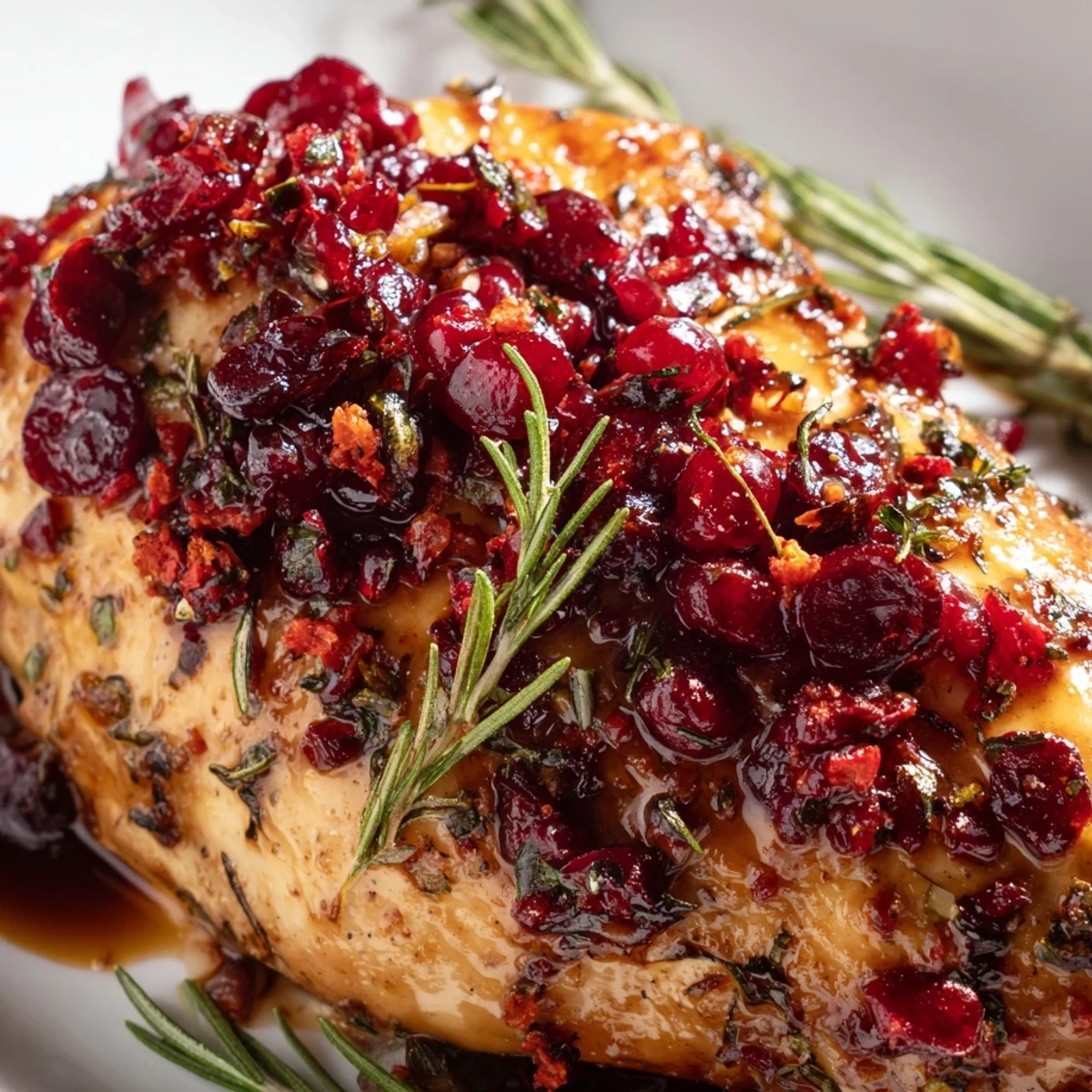 Savory Cranberry Herb Chicken plated with fluffy wild rice and fresh rosemary garnish.