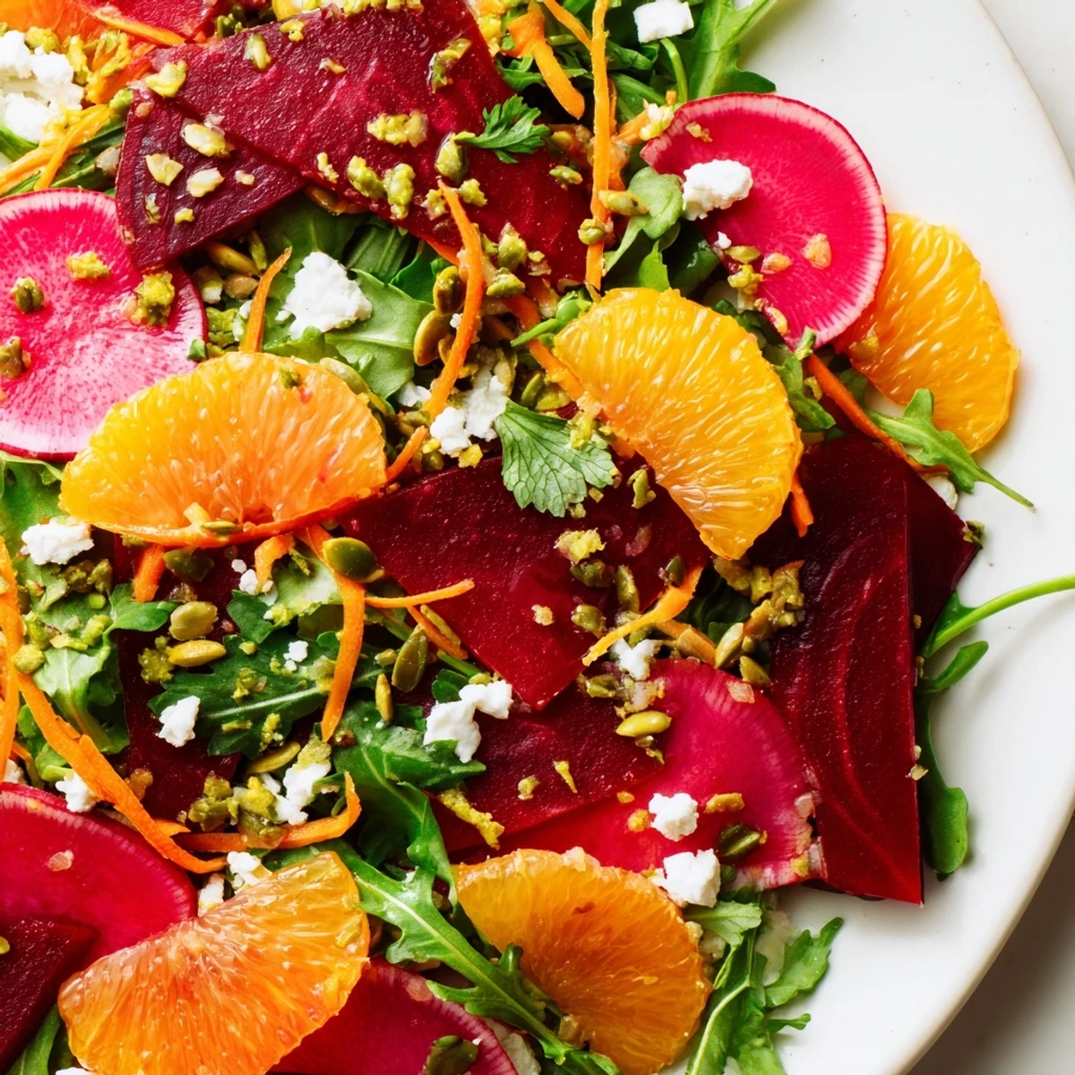 A close-up of Root Citrus Greens salad with julienned beets, carrots, and pink grapefruit segments on arugula.