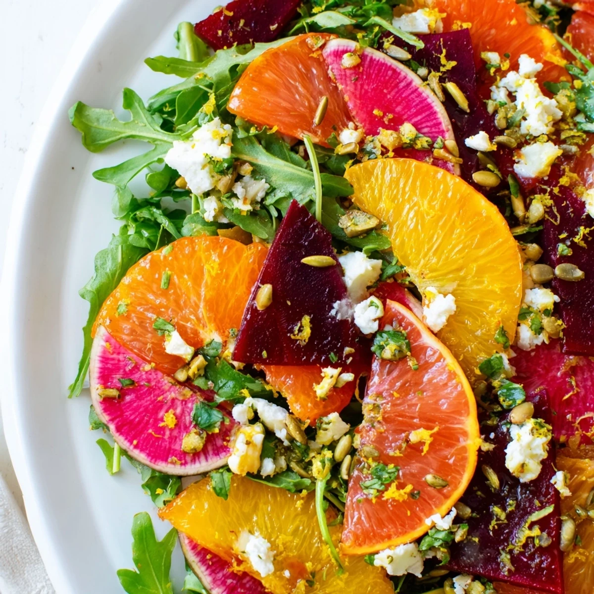 Freshly tossed Root Citrus Greens salad featuring shaved watermelon radish, citrus zest, and a light lemon vinaigrette.