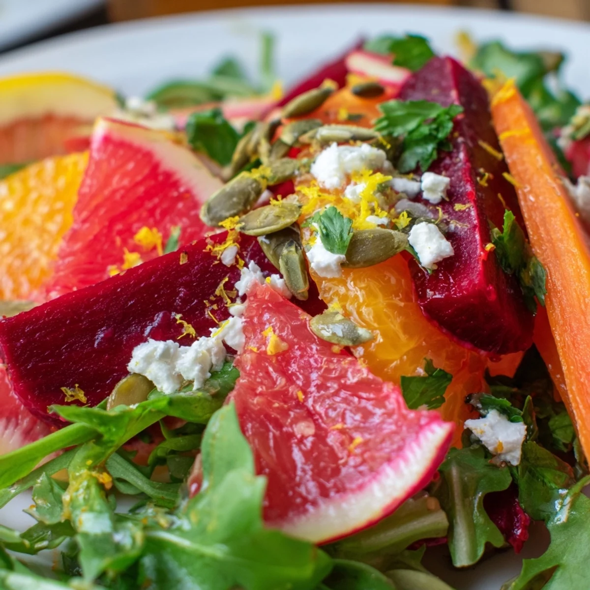 Brightly colored Root Citrus Greens salad served on a white plate, topped with pumpkin seeds and crumbled feta.