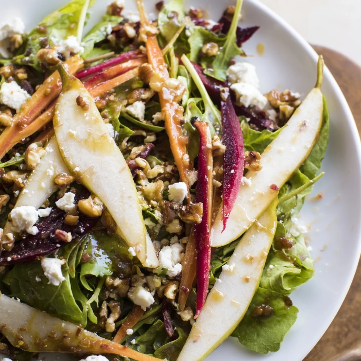 Freshly sliced Root Pear Greens salad with toasted walnuts and goat cheese on a white plate.