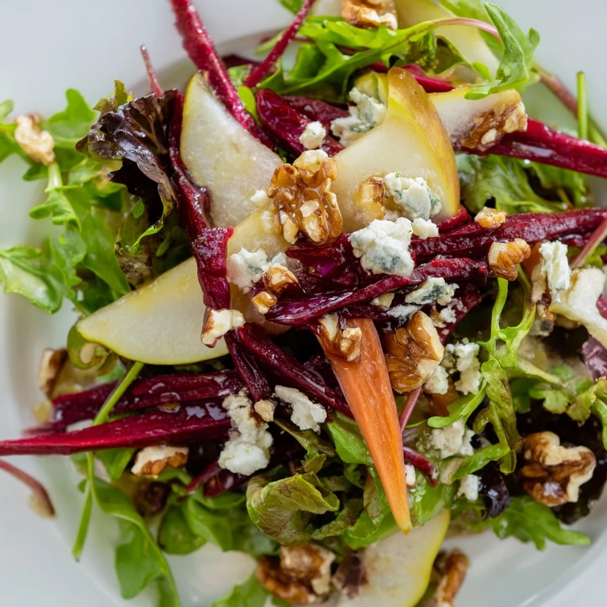 Colorful bowl of Root Pear Greens salad featuring crisp pears, beets, and mixed greens.