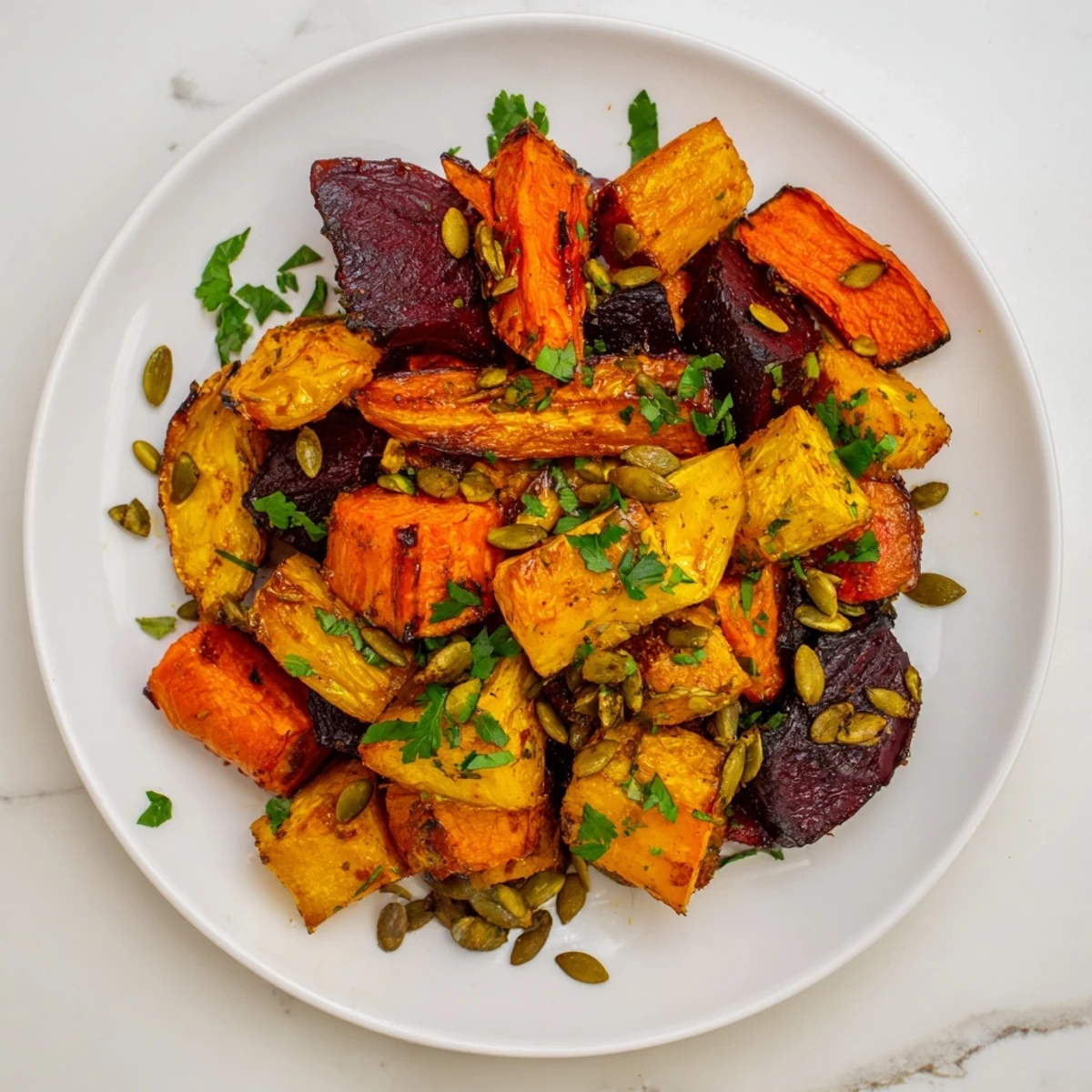 Warm Spiced Roasted Roots served alongside creamy Greek yogurt and fluffy quinoa for a hearty vegetarian meal.